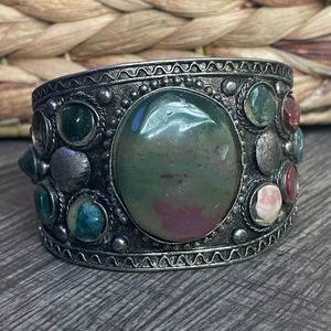 Vintage metal and Agate Stone Cuff Bracelet Large